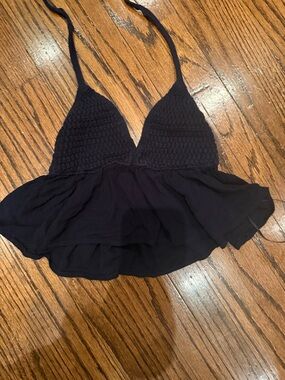 Garage Navy Cropped Smocked Ruffle Tank